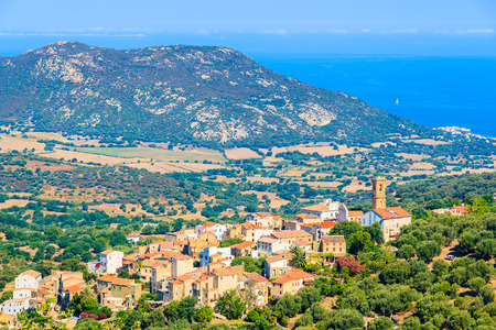 A view of mountain village Corbara on coast of Corsica island, Franceの写真素材