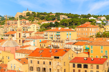 A view of colorful houses in Calvi port, Corsica island, Franceの写真素材