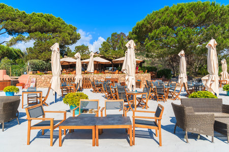 PALOMBAGGIA BEACH, CORSICA ISLAND - JUN 23, 2015: restaurant on sandy Palombaggia beach, Corsica island, France.のeditorial素材