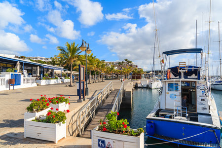 PUERTO CALERO MARINA, LANZAROTE ISLAND - JAN 17, 2015: boats in Puerto Calero port built in Caribbean style.のeditorial素材