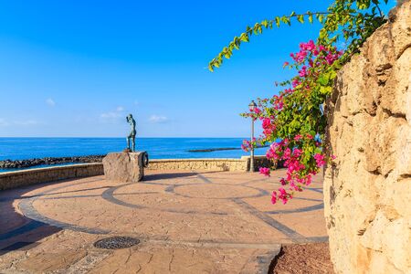 Coastal promenade with flowers and statue in Costa Adeje seaside town, Tenerife, Canary Islands, Spainの写真素材