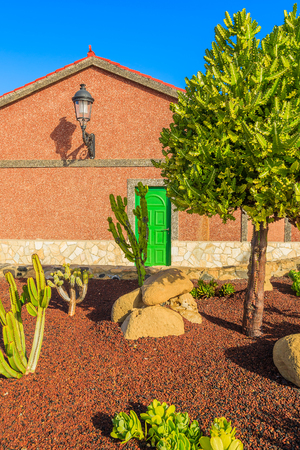 A traditional house garden in countryside landscape of Fuerteventura island, Spainの写真素材