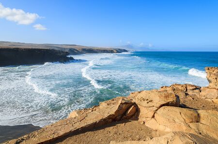 Beautiful bay and black sand volcanic beach in La Pared, Fuerteventura, Canary Islands, Spainの写真素材