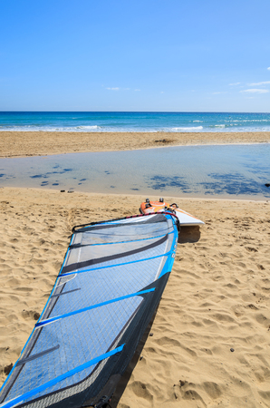 Windsurfing board on sandy beach of Morro Jable, Fuerteventura, Canary Islands, Spainの写真素材