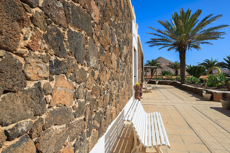 Canary style buildings and tropical plants in La Oliva village Heritage Art Center, Fuerteventura, Canary Islands, Spainの写真素材