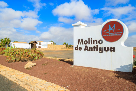 ANTIGUA, FUERTEVENTURA ISLAND - FEB 6, 2014: entrance sign to museum in Antigua town where old windmills are located, most famous landmark of Fuerteventura island.のeditorial素材