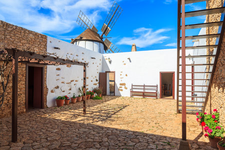 Courtyard of traditional old windmill in Tiscamanita village, Fuerteventura, Canary Islands, Spainのeditorial素材