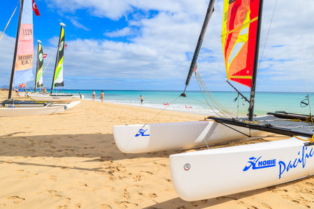 MORRO JABLE, FUERTEVENTURA - FEB 7, 2014: catamaran boats on beach in Morro Jable. This is a popular holiday resort on Fuerteventura island.のeditorial素材