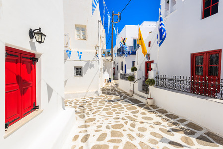 Church building on whitewashed street in beautiful Mykonos town, Cyclades islands, Greeceの写真素材