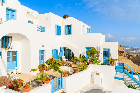 White architecture of Greek style apartments in Imerovigli village on Santorini island, Cyclades, Greeceの写真素材