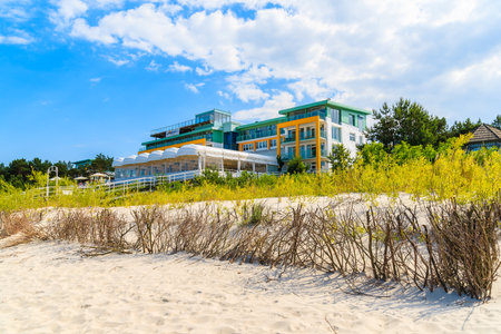 JURATA BEACH, POLAND - JUN 21, 2016: a view of luxury hotel "Bryza" located on beach in Jurata town on Hel peninsula. Wealthy people and celebrities spend their summer vacation in this famous hotel.のeditorial素材