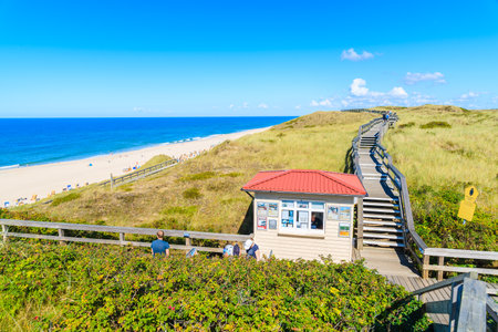 SYLT ISLAND, GERMANY - SEP 5, 2016: Booth on coastal promenade along beach in Wenningstedt town, Sylt island, Germany.のeditorial素材