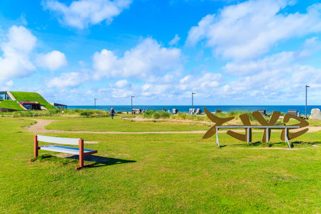 WENNINGSTEDT TOWN, SYLT ISLAND - SEP 11, 2016: green park with "Sylt" sign on coastal promenade on Sylt island, Germany.のeditorial素材