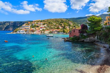 View of Assos village and beautiful beach, Kefalonia island, Greeceの写真素材