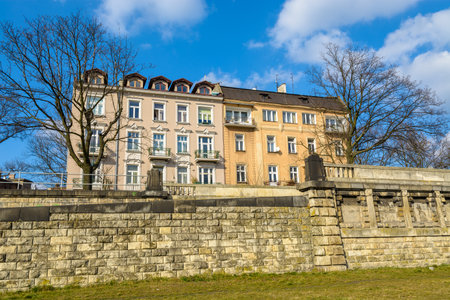 Old historic houses near Vistula river promenade, Krakow, Polandのeditorial素材