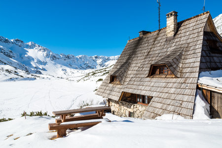 Mountain hut in five lakes valley in winter season, High Tatra Mountains, Polandのeditorial素材