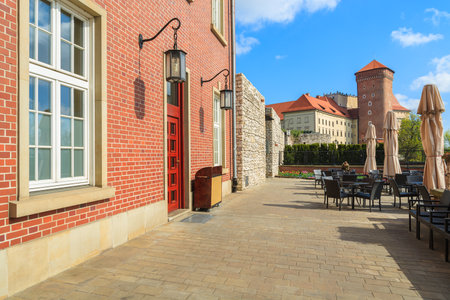 Royal Wawel castle restaurant on sunny spring day, Krakow, Polandのeditorial素材