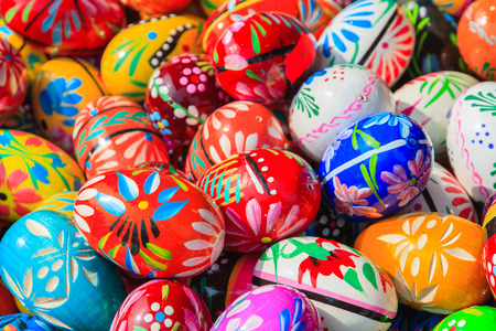 Colourful Easter eggs on market stand during festival in Krakow, Poland. Each year traditional fair with Easter products takes place on market square.の写真素材