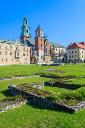 Royal Wawel castle park on sunny spring day, Krakow, Polandのeditorial素材