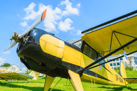 KRAKOW MUSEUM OF AVIATION, POLAND - JUL 27, 2014: old aircraft on exhibition in outdoor museum of aviation history in Krakow, Poland. In summer often air shows take place here.のeditorial素材
