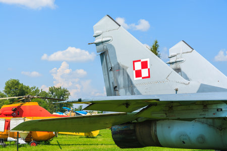 KRAKOW MUSEUM OF AVIATION, POLAND - JUL 27, 2014: military Russian fighter aircraft MIG-29 on exhibition in outdoor museum of aviation history in Krakow. In summer often air shows take place here.のeditorial素材
