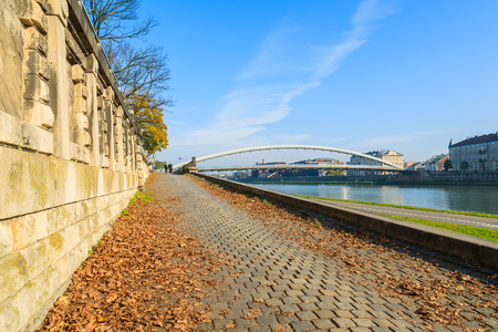 Bernatka bridge over Vistula river on sunny autumn day in city of Krakow, Polandの写真素材