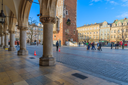 KRAKOW, POLAND - DEC 12, 2014: view of main market square from Cloth Hall building. Krakow is most often visited city in Poland by foreign tourists.のeditorial素材