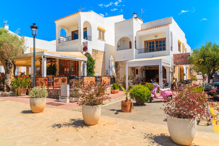 IBIZA ISLAND, SPAIN - MAY 18, 2017: traditional restaurant building and outdoor terrace in Sant Carles de Peralta village, Ibiza island, Spain.のeditorial素材