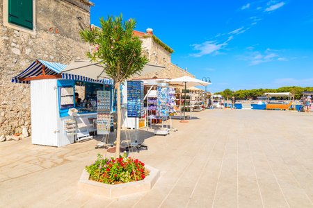 PRIMOSTEN, CROATIA - SEP 5, 2017: market stands with local handmade souvenirs in Primosten old town, Dalmatia, Croatia.のeditorial素材