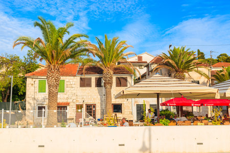 ROGOZNICA PORT, CROATIA - SEP 5, 2017: Restaurant with palm trees and typical houses in Rogoznica old town on sunny summer day, Dalmatia, Croatia.のeditorial素材