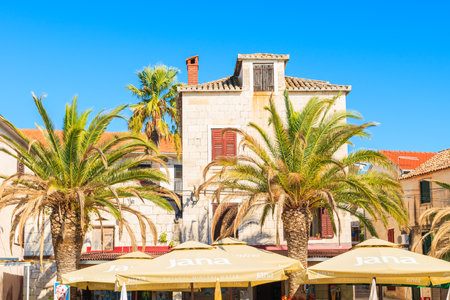 ROGOZNICA PORT, CROATIA - SEP 5, 2017: Traditional houses and restaurant buildings in Rogoznica old town, Dalmatia, Croatia.のeditorial素材