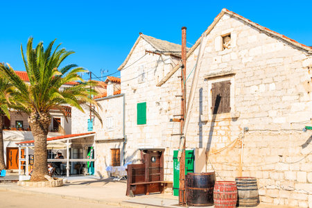 ROGOZNICA PORT, CROATIA - SEP 5, 2017: Traditional houses and restaurant buildings in Rogoznica old town, Dalmatia, Croatia.のeditorial素材
