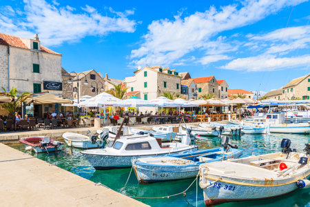 PRIMOSTEN, CROATIA - SEP 5, 2017: fishing boats anchoring in Primosten port, Dalmatia, Croatia.のeditorial素材