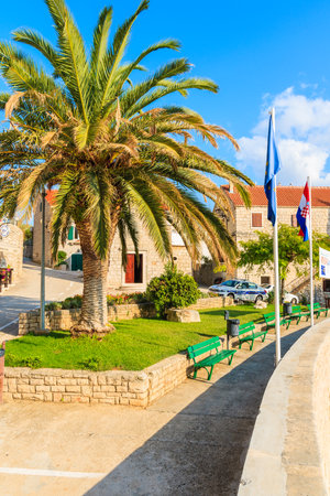BOL PORT, BRAC ISLAND - SEP 8, 2017: park with typical architecture of Bol port on Brac island, Croatia,のeditorial素材