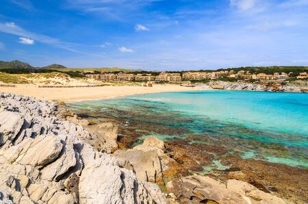 View of beautiful Cala Sa Mesquida beach, Majorca island, Spainの写真素材