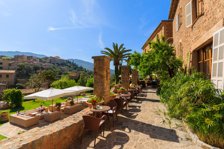 Terrace of hotel in Deia mountain village, Majorca islandのeditorial素材