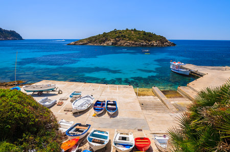 Fishing boats on shore in Sant Elm village, Majorca islandのeditorial素材