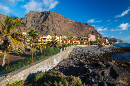 Palm tree valley sea view rural landscape houses, Taguluche village, La Gomera, Canary Islandsの写真素材