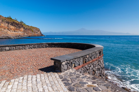 Coastal promenade beach ocean water teide tenerife background, San Sebastian, La Gomera, Canary Islandsの写真素材