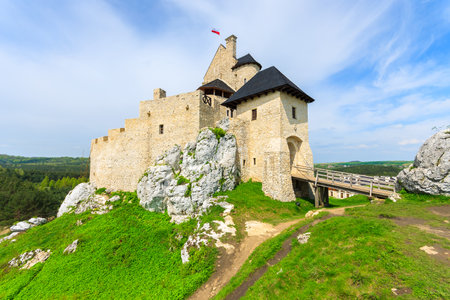 Beautiful Bobolice medieval castle on green hill on sunny day, Polandのeditorial素材