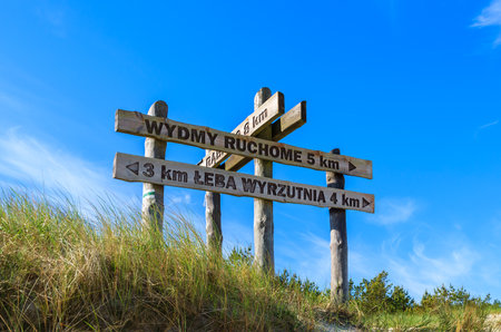 Wooden sign with directions and distances on beach in Slowinski National Park, Polandのeditorial素材
