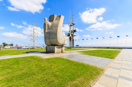 GDYNIA, POLAND - JUN 10, 2013: Joseph Conrad monument in public park at Baltic Sea coastal town Gdynia. This anchor-shaped monument was made for famous sea book writer born in Poland.のeditorial素材