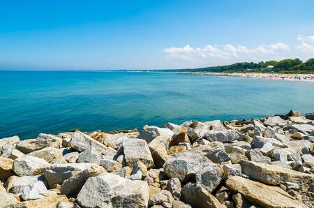 Coast stone wave breakers bay beach view, Ustka, Baltic Sea, Polandの写真素材