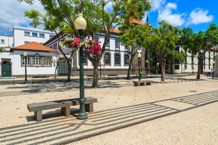 Typical architecture on main street in old historic town centre of Funchal, Madeira island, Portugalの写真素材