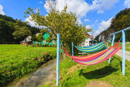 Hammocks hanging in Skala village near Ojcow, Polandのeditorial素材