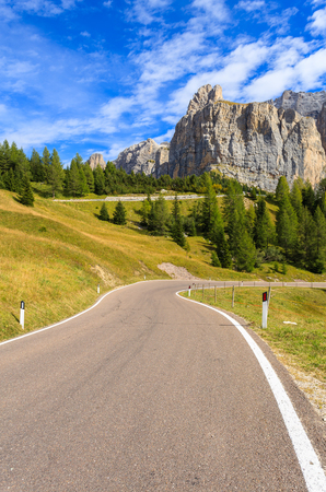 Scenic road near Passo Gardena in Dolomites Mountains, Italyの写真素材