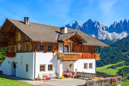 House in Val di Funes alpine valley, Dolomites Mountains, Italyのeditorial素材