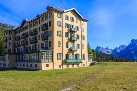 Hotel building at lake Misurina in Dolomites Mountains, Italyのeditorial素材