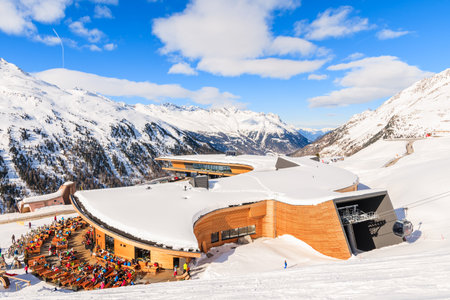 HOCHGURGL-OBERGURGL MOUNTAIN MUSEUM, AUSTRIA - JAN 31, 2018: View of motorcycle museum and gondola car lift station in beautiful mountains in Hochgurgl-Obergurgl ski area, Tirol, Austria.のeditorial素材