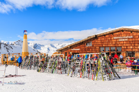 HOCHGURGL-OBERGURGL SKI AREA, AUSTRIA - JAN 31, 2018: View of mountain hut restaurant in Obergurgl ski area on sunny winter day, Tirol, Austria.のeditorial素材